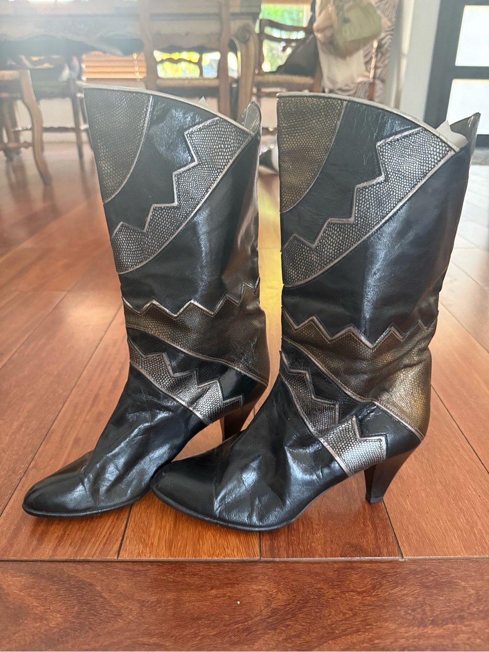 Black and Metallic Accent Mid-Calf Vintage Heeled Boots